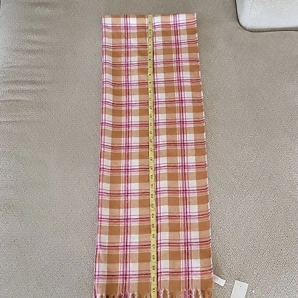 LOFT Outlet Plaid Cream Caramel Brown Pink Maroon Fringed Hem Winter Scarf